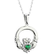 Alternate image for Irish Necklace - Sterling Silver with Green Agate and CZ Claddagh Pendant with Chain
