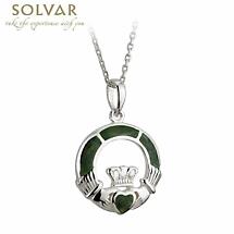 Irish Necklace - Sterling Silver and Connemara Marble Claddagh Pendant with Chain Product Image