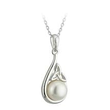 Irish Necklace - Sterling Silver and Half Pearl Trinity Knot Pendant with Chain Product Image