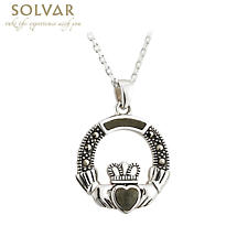 Irish Necklace - Sterling Silver Connemara Marble Marcasite Claddagh Pendant Product Image