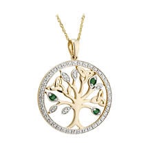 Irish Necklace - 14k Gold with Diamonds and Emeralds Tree of Life Pendant Product Image
