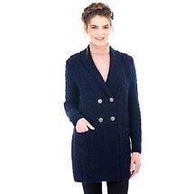 Irish Coat | Merino Wool Aran Knit Double Breasted Shawl Collar Ladies Coat Product Image