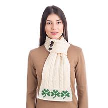 Alternate image for Irish Scarf | Merino Wool Aran Knit Shamrock Pattern Ladies Loop Scarf with Buttons