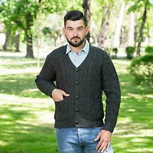 Alternate image for Irish Cardigan | Merino Wool V Neck Cable Knit Mens Cardigan