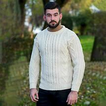 Alternate image for Irish Sweater | Merino Wool Traditional Aran Knit Crew Neck Mens Sweater