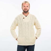 Alternate image for Irish Sweater | Merino Wool Aran Knit Shawl Collar Single Button Mens Sweater