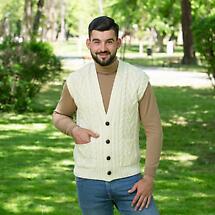 Alternate image for Irish Cardigan | Merino Wool Aran Knit Sleeveless Mens Cardigan