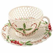 Belleek Pottery | Irish Winter Holly Cup & Saucer Christmas Basket Product Image