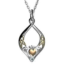 Irish Necklace | Sterling Silver Rose Gold Heart Crystal Claddagh Pendant with Chain Product Image