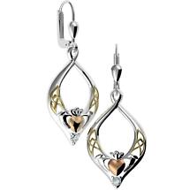 Irish Earrings | Sterling Silver Rose Gold Heart Crystal Claddagh Drop Earrings Product Image