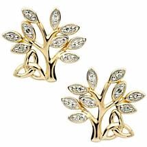 Irish Earrings | 14k  Gold Celtic Tree of Life Trinity Knot Diamond Stud Earrings  Product Image