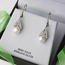 Alternate image for Irish Earrings | Sterling Silver CZ Trinity Knot Pearl Earrings