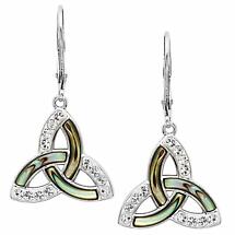 Irish Earrings | Sterling Silver Swarovski Crystal & Abalone Drop Trinity Knot Earrings Product Image