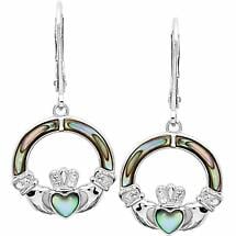 Irish Earrings | Sterling Silver Swarovski Crystal & Abalone Drop Claddagh Earrings Product Image