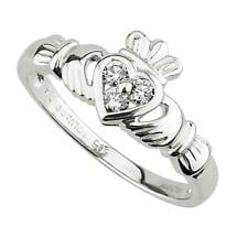 Alternate image for Claddagh Ring - Ladies 14k White Gold and 3 Diamond Heart Claddagh
