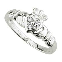 Claddagh Ring - Ladies 14k White Gold and 3 Diamond Heart Claddagh Product Image