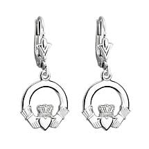 Alternate image for Irish Earrings | 14k White Gold Drop Claddagh Earrings