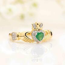 Alternate image for Irish Rings | 14k Gold Diamond and Emerald Ladies Claddagh Ring