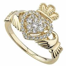 Alternate image for Irish Rings | 14k Yellow Gold Diamond Heart Ladies Claddagh Ring