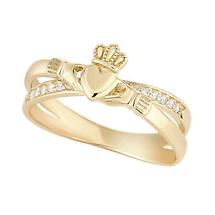 Irish Ring | 9k Gold Cubic Ziconia Crossover Claddagh Ring Product Image