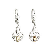 Irish Earrings | Diamond Sterling Silver and 10k Yellow Gold Drop Celtic Trinity Knot Claddagh Earrings Product Image