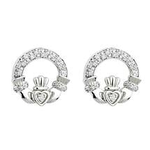 Irish Earrings - 14k White Gold Diamond Claddagh Earrings Product Image