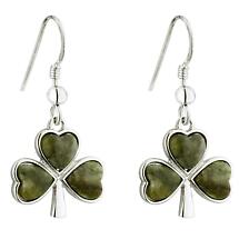 Alternate image for Shamrock Earrings - Rhodium Plated Connemara Marble Shamrock Drop Earrings