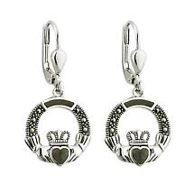 Claddagh Earrings - Sterling Silver Marcasite & Connemara Marble Claddagh Drop Earrings Product Image