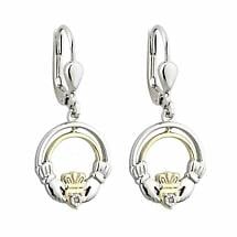 Irish Earrings | Diamond Sterling Silver and 10k Yellow Gold Open Drop Claddagh Earrings Product Image