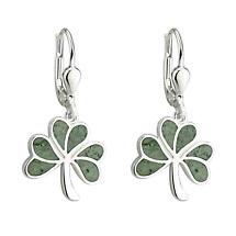 Shamrock Earrings - Sterling Silver Connemara Marble Shamrock Drop Earrings Product Image