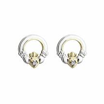 Irish Earrings | Diamond Sterling Silver and 10k Yellow Gold Stud Claddagh Earrings Product Image