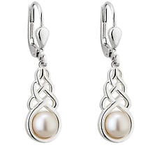 Alternate image for Irish Earrings - Sterling Silver Pearl Celtic Knot Drop Earrings