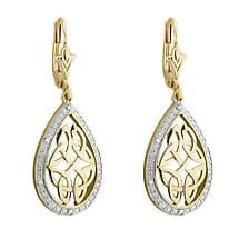 Irish Earrings | 10k Gold Diamond Trinity Celtic Knot Oval Drop Earrings Product Image