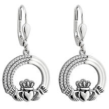 Irish Earrings | Sterling Silver Crystal Edge Claddagh Earrings Product Image