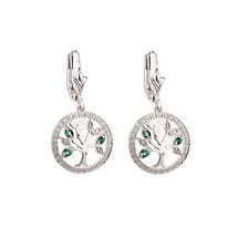 Irish Earrings | 14k White Gold Diamond & Emerald Celtic Tree of Life Earrings Product Image