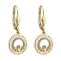 Irish Earrings | Vermeil Gold Overlay Sterling Silver Circle Drop Crystal Claddagh Earrings Product Image