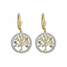 Irish Earrings | 14k Gold Diamond and Emerald Celtic Tree of Life Trinity Knot Earrings Product Image
