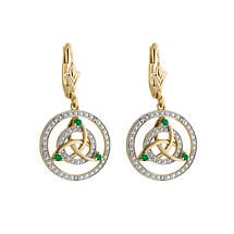 Irish Earrings | 14k Gold Diamond and Emerald Round Drop Celtic Knot Earrings Product Image