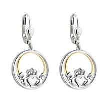 Irish Earrings | Diamond Sterling Silver and 10k Yellow Gold Round Drop Claddagh Earrings Product Image