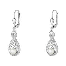 Irish Earrings | Sterling Silver Twisted Crystal Trinity Knot Pearl Earrings Product Image