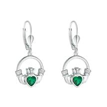 Irish Earrings | Sterling Silver Large Green Crystal Heart Claddagh Earrings Product Image