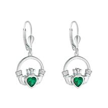 Irish Earrings | Sterling Silver Large Green Crystal Heart Claddagh Earrings Product Image