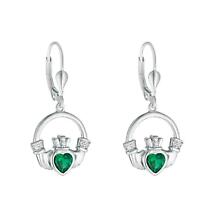 Irish Earrings | Sterling Silver Large Green Crystal Heart Claddagh Earrings Product Image