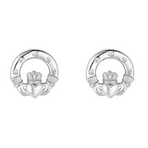 Irish Earrings | Sterling Silver Flush Set Crystal Stud Claddagh Earrings Product Image