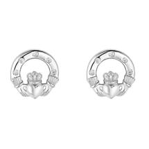 Alternate image for Irish Earrings | Sterling Silver Flush Set Crystal Stud Claddagh Earrings