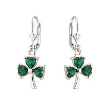 Irish Earrings | Green Crystal Sterling Silver Drop Shamrock Earrings Product Image