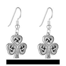 Irish Earrings | Sterling Silver Oxidized Drop Celtic Shamrock Earrings Product Image