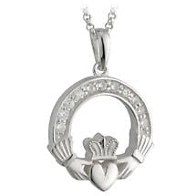 Alternate image for Irish Necklace | Sterling Silver Crystal Claddagh Pendant