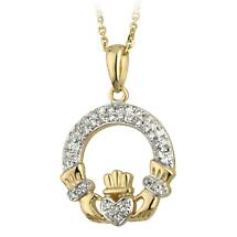 Irish Necklace - 14k Gold and Micro Diamond Claddagh Pendant with Chain Product Image