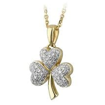 Irish Necklace - 14k Gold and Micro Diamond Shamrock Pendant with Chain Product Image